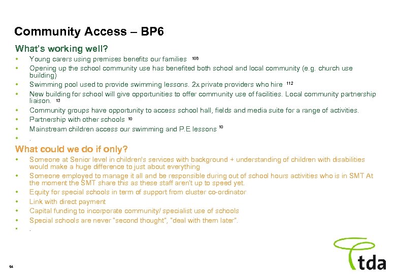 Community Access – BP 6 What’s working well? • • Young carers using premises