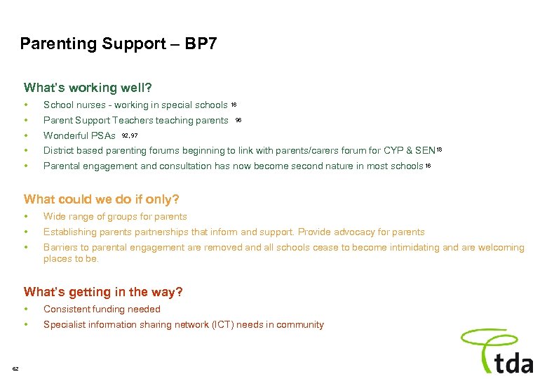 Parenting Support – BP 7 What’s working well? • School nurses - working in