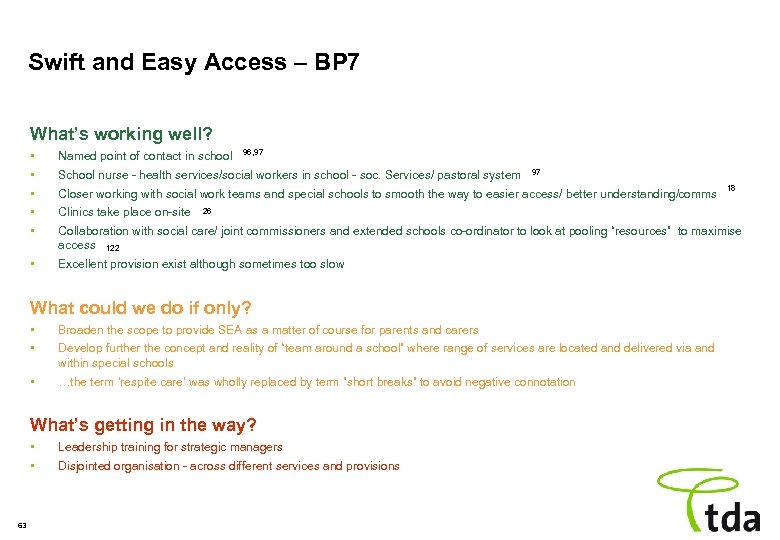 Swift and Easy Access – BP 7 What’s working well? 96, 97 • •