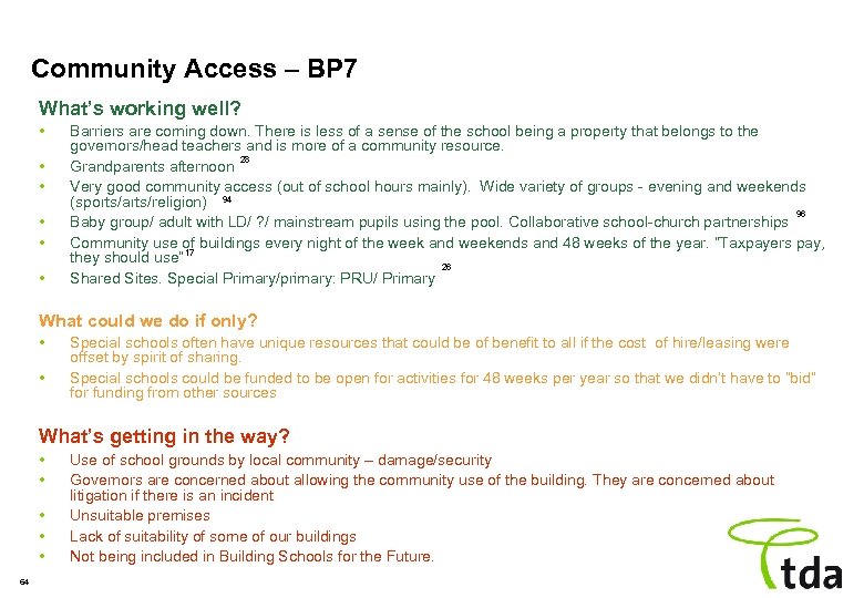 Community Access – BP 7 What’s working well? • • • Barriers are coming