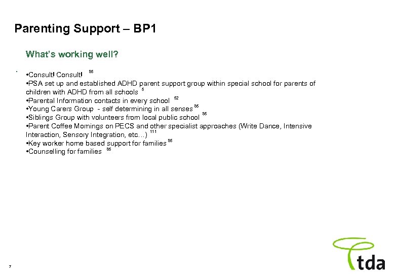 Parenting Support – BP 1 What’s working well? . 7 85 • Consult! •