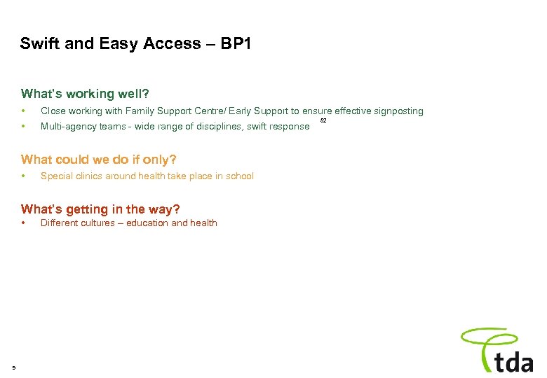 Swift and Easy Access – BP 1 What’s working well? • Close working with