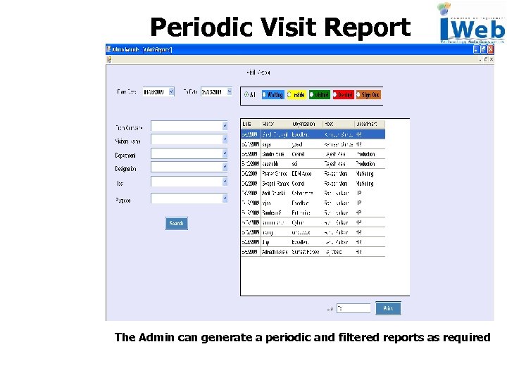 Periodic Visit Report The Admin can generate a periodic and filtered reports as required