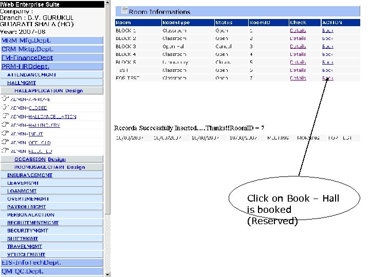 Click on Book – Hall is booked (Reserved) 