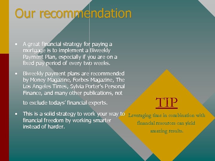 Our recommendation • A great financial strategy for paying a mortgage is to implement