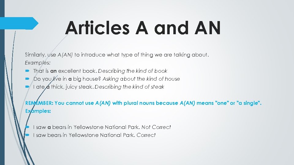 Articles A and AN Similarly, use A(AN) to introduce what type of thing we