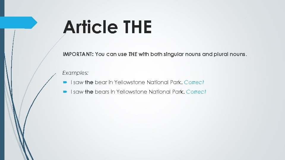 Article THE IMPORTANT: You can use THE with both singular nouns and plural nouns.