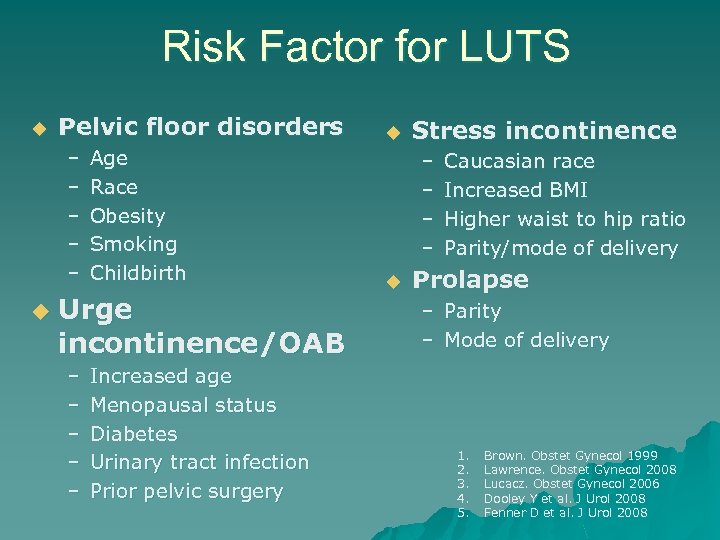 Risk Factor for LUTS u Pelvic floor disorders – – – u Age Race