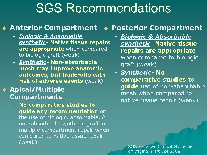 SGS Recommendations u Anterior Compartment u Posterior Compartment – Biologic & Absorbable synthetic- Native
