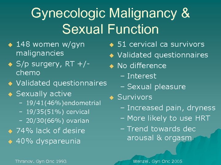 Gynecologic Malignancy & Sexual Function u u 148 women w/gyn u malignancies u S/p