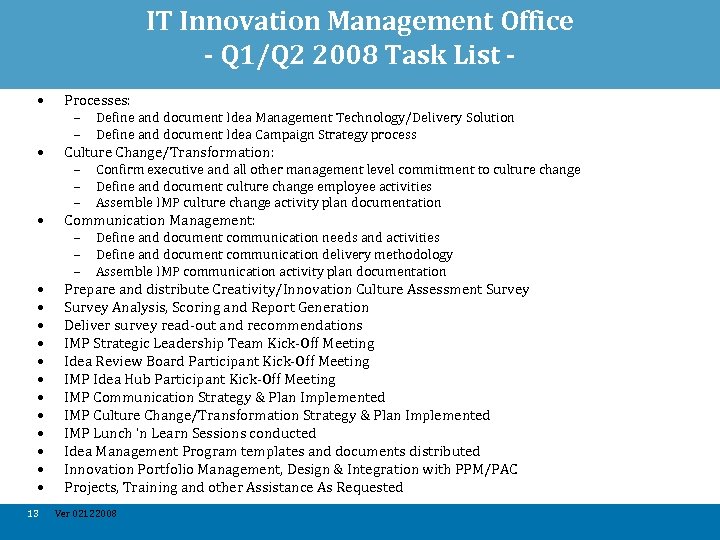 IT Innovation Management Office - Q 1/Q 2 2008 Task List • • •