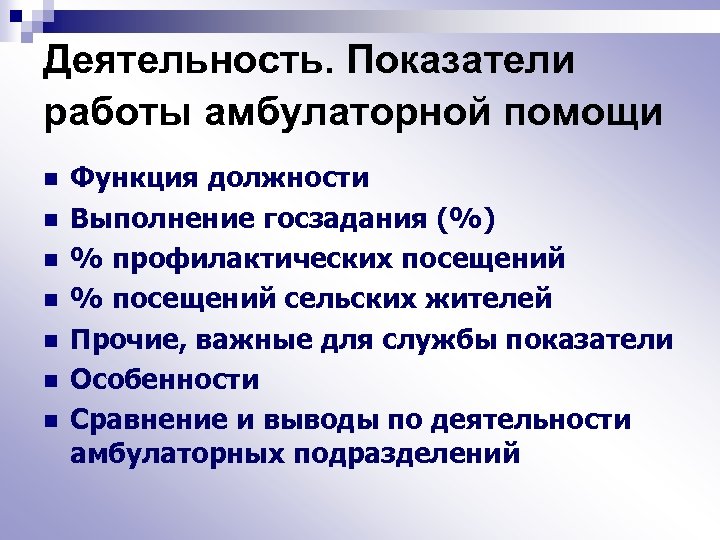 Деятельность. Показатели работы амбулаторной помощи n n n n Функция должности Выполнение госзадания (%)