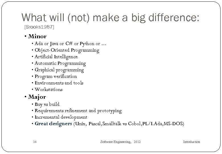 What will (not) make a big difference: [Brooks 1987] • Minor • Ada or