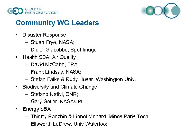 Community WG Leaders • Disaster Response – Stuart Frye, NASA; – Didier Giacobbo, Spot