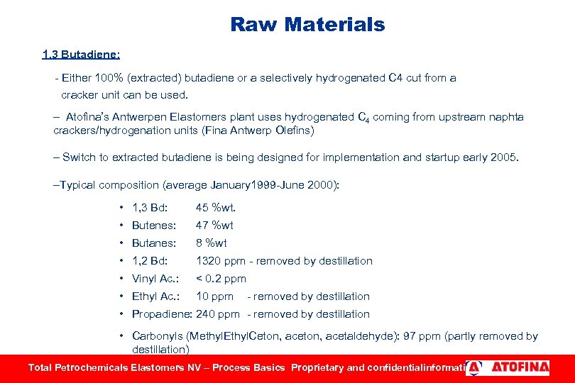 Raw Materials 1, 3 Butadiene: - Either 100% (extracted) butadiene or a selectively hydrogenated