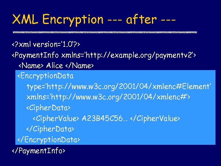 XML Encryption --- after --<? xml version=‘ 1. 0’? > <Payment. Info xmlns=‘http: //example.