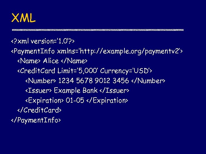 XML <? xml version=‘ 1. 0’? > <Payment. Info xmlns=‘http: //example. org/paymentv 2’> <Name>