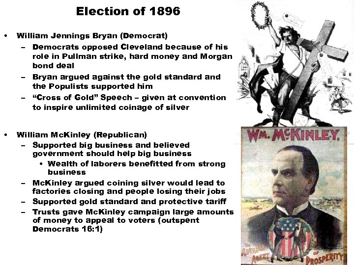 Election of 1896 • William Jennings Bryan (Democrat) – Democrats opposed Cleveland because of