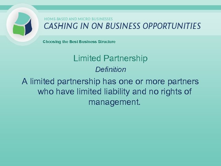 Choosing the Best Business Structure Limited Partnership Definition A limited partnership has one or