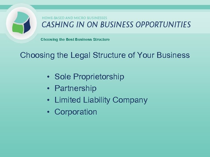 Choosing the Best Business Structure Choosing the Legal Structure of Your Business • •