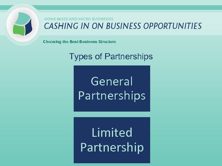 Choosing the Best Business Structure Types of Partnerships General Partnerships Limited Partnership 