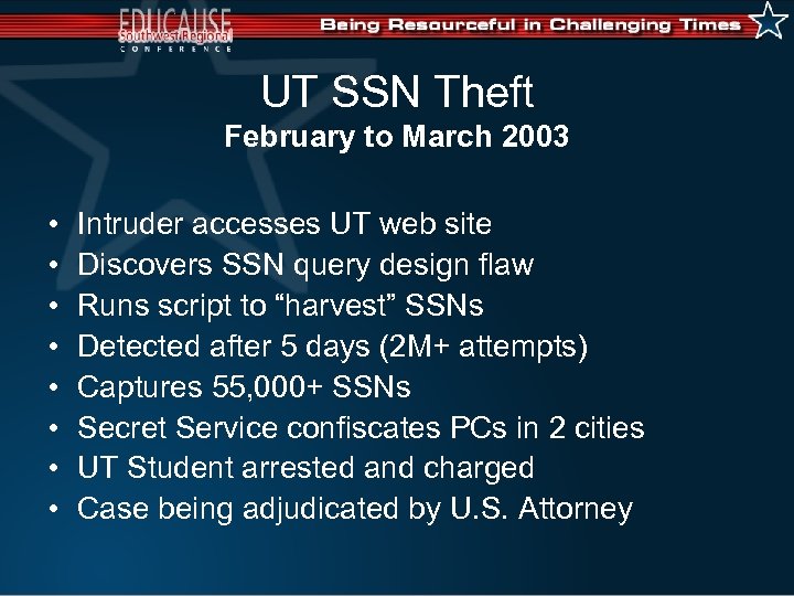 UT SSN Theft February to March 2003 • • Intruder accesses UT web site