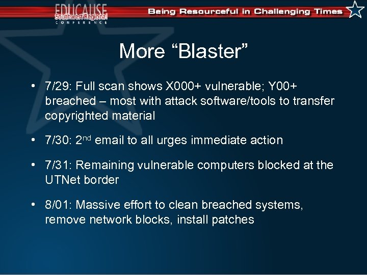 More “Blaster” • 7/29: Full scan shows X 000+ vulnerable; Y 00+ breached –
