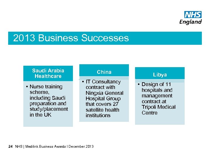 2013 Business Successes Saudi Arabia Healthcare • Nurse training scheme, including Saudi preparation and