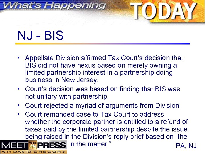 NJ - BIS • Appellate Division affirmed Tax Court’s decision that BIS did not