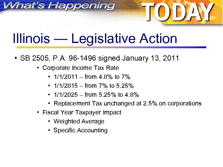 Illinois — Legislative Action • SB 2505, P. A. 96 -1496 signed January 13,