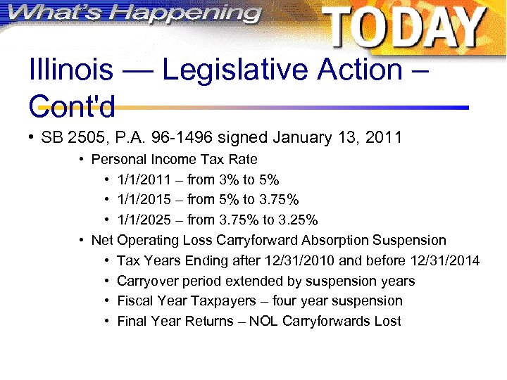 Illinois — Legislative Action – Cont'd • SB 2505, P. A. 96 -1496 signed