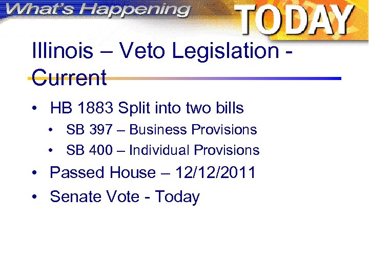 Illinois – Veto Legislation - Current • HB 1883 Split into two bills •
