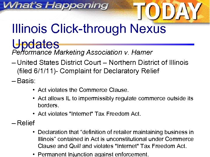 Illinois Click-through Nexus Updates Performance Marketing Association v. Hamer – United States District Court