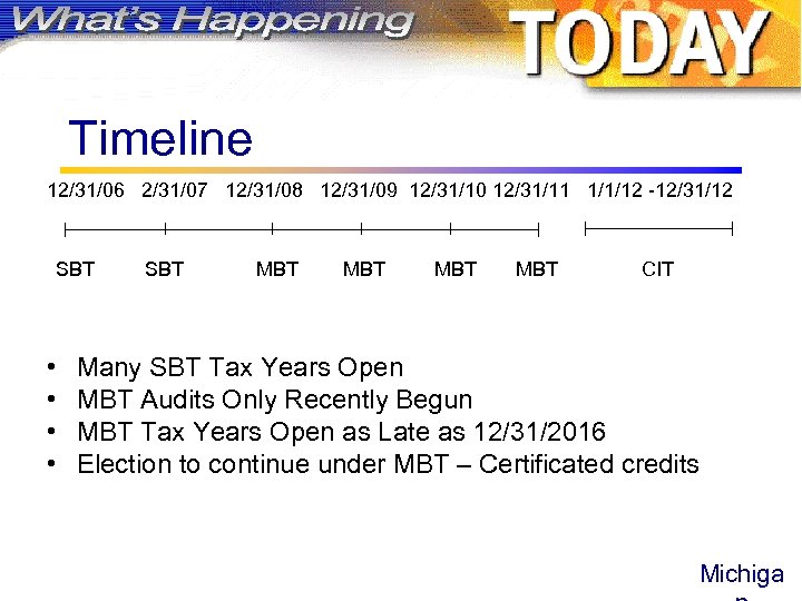 Timeline 12/31/06 2/31/07 12/31/08 12/31/09 12/31/10 12/31/11 1/1/12 -12/31/12 SBT MBT CIT • •