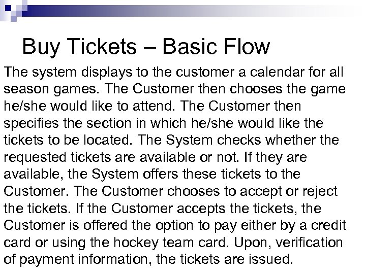 Buy Tickets – Basic Flow The system displays to the customer a calendar for