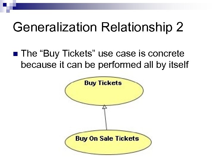 Generalization Relationship 2 n The “Buy Tickets” use case is concrete because it can