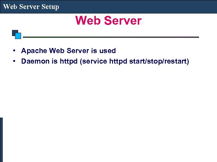 Web Server Setup Web Server • Apache Web Server is used • Daemon is
