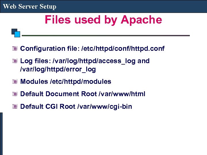 Web Server Setup Files used by Apache Configuration file: /etc/httpd/conf/httpd. conf Log files: /var/log/httpd/access_log