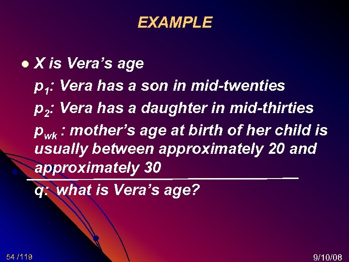 EXAMPLE l 54 /119 X is Vera’s age p 1: Vera has a son