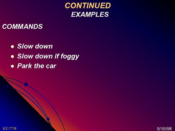 CONTINUED EXAMPLES COMMANDS l l l 62 /119 Slow down if foggy Park the