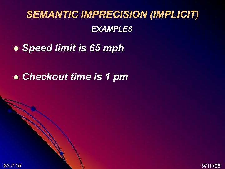 SEMANTIC IMPRECISION (IMPLICIT) EXAMPLES l Speed limit is 65 mph l Checkout time is