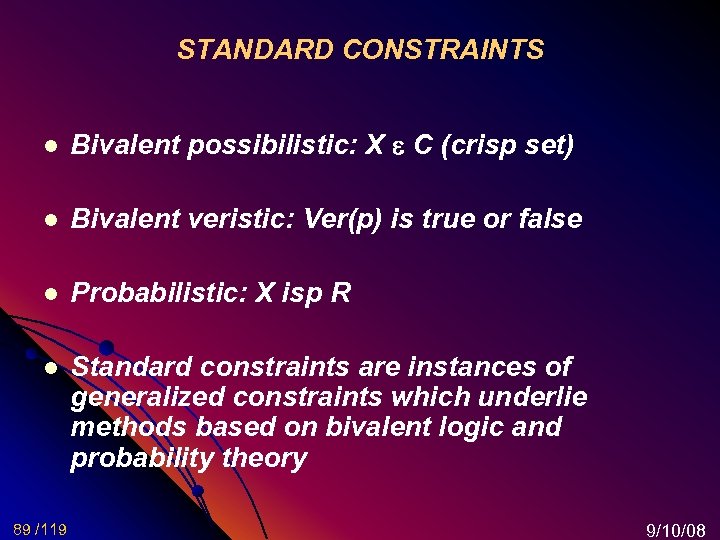 STANDARD CONSTRAINTS l Bivalent possibilistic: X C (crisp set) l Bivalent veristic: Ver(p) is