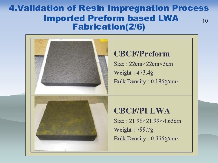 4. Validation of Resin Impregnation Process Imported Preform based LWA 10 Fabrication(2/6) CBCF/Preform Size