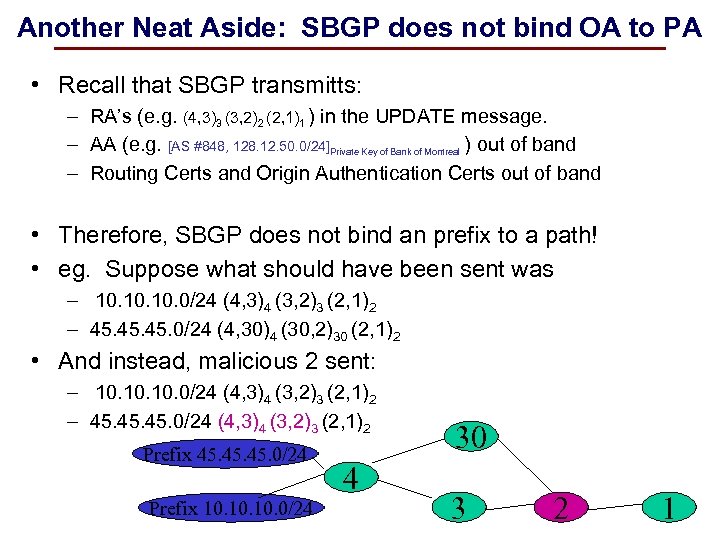 Another Neat Aside: SBGP does not bind OA to PA • Recall that SBGP