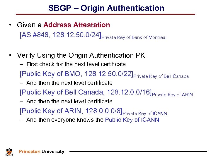 SBGP – Origin Authentication • Given a Address Attestation [AS #848, 128. 12. 50.