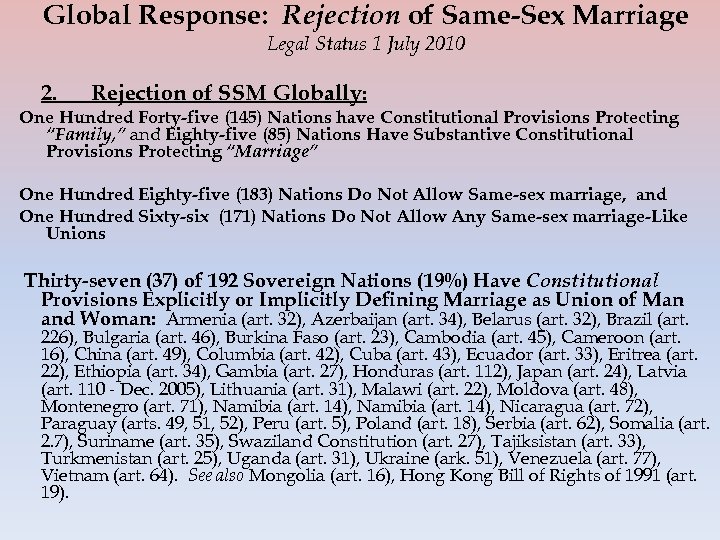 Global Response: Rejection of Same-Sex Marriage Legal Status 1 July 2010 2. Rejection of
