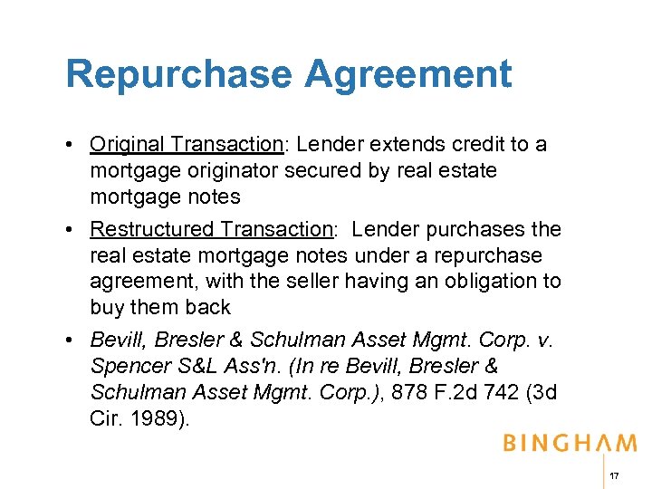 Repurchase Agreement • Original Transaction: Lender extends credit to a mortgage originator secured by