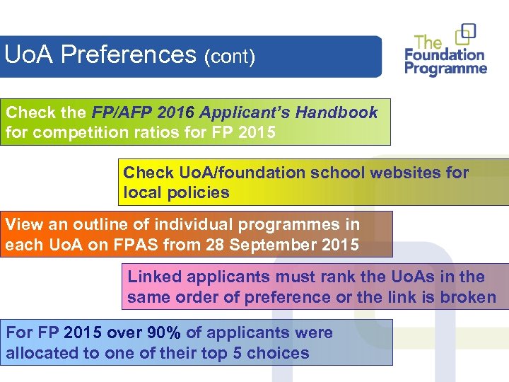 Uo. A Preferences (cont) Check the FP/AFP 2016 Applicant’s Handbook for competition ratios for