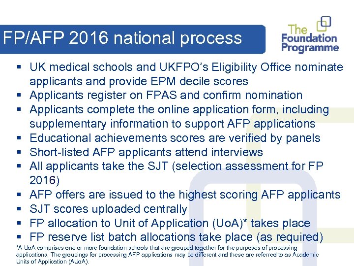 FP/AFP 2016 national process § UK medical schools and UKFPO’s Eligibility Office nominate applicants