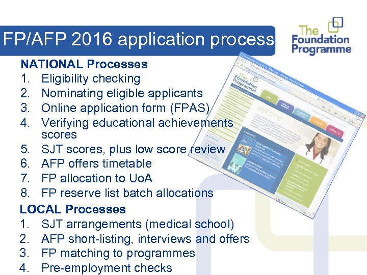 FP/AFP 2016 application process NATIONAL Processes 1. Eligibility checking 2. Nominating eligible applicants 3.